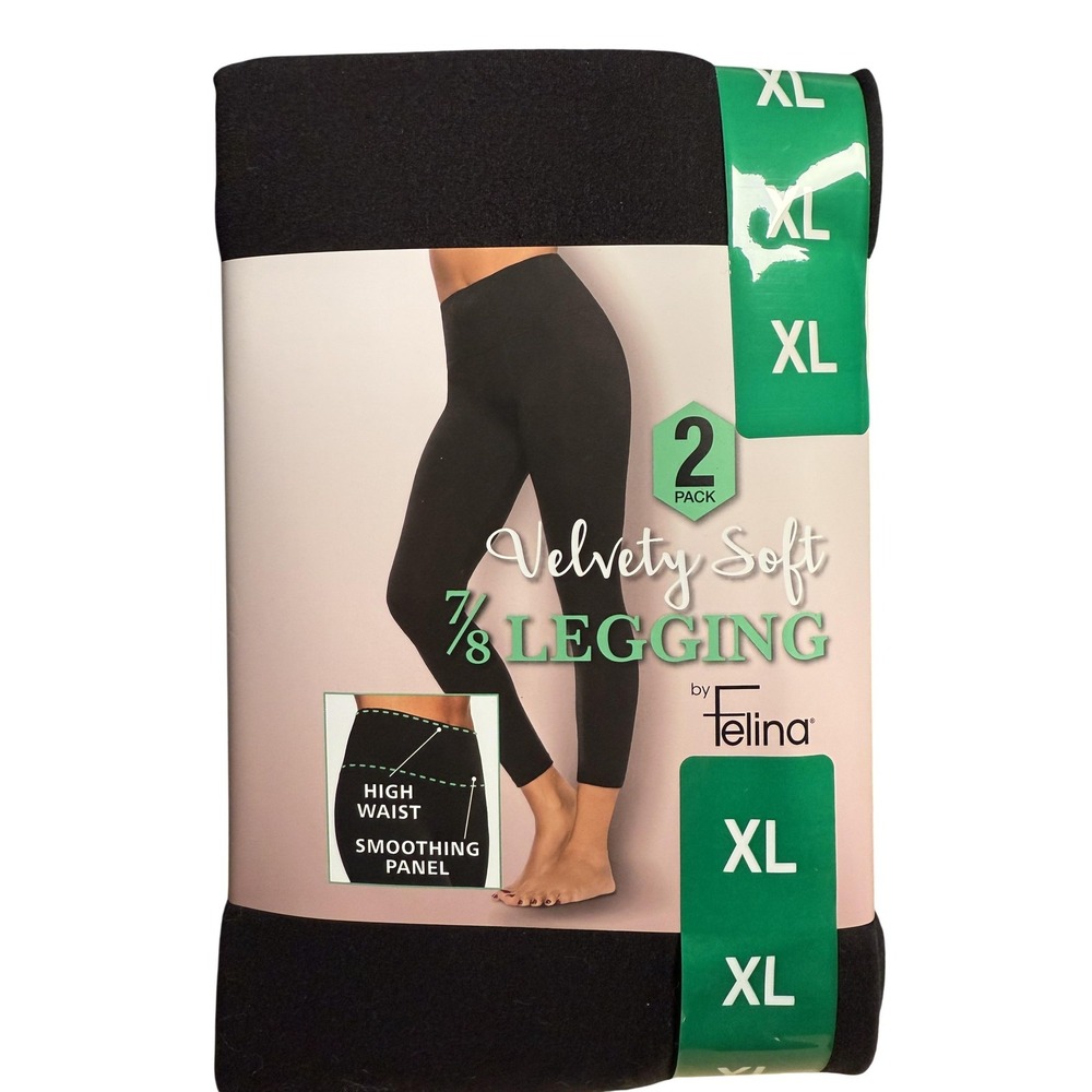 Felina Leggings Womens XL Black Velvety Soft 7/8 High Waist 2 Pack Shaping Ankle